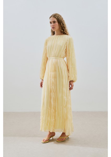 Piliseli Şifon Elbise Soft Sarı indirimleri