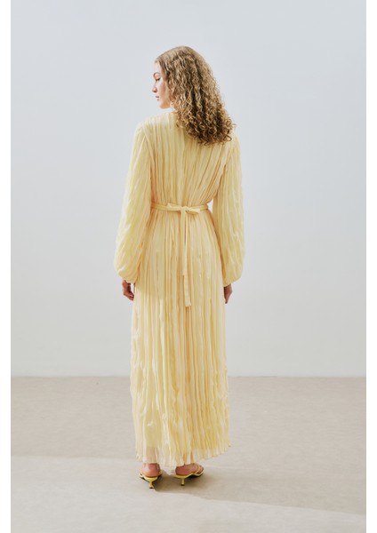 Piliseli Şifon Elbise Soft Sarı