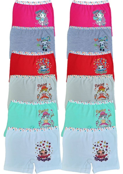 12LI Kız Çocuk Renkli Likralı Pamuklu Boxer Külot