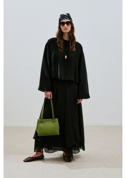 Katlı Fırfırlı Uzun Etek Siyah