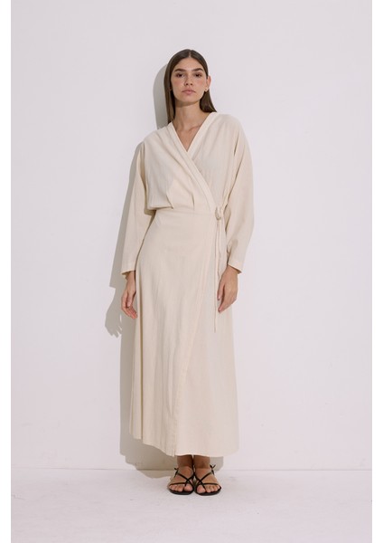 Dokulu Kruvaze Kapamalı Elbise Natural fiyatları