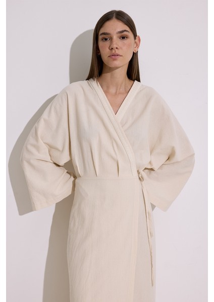 Dokulu Kruvaze Kapamalı Elbise Natural modelleri