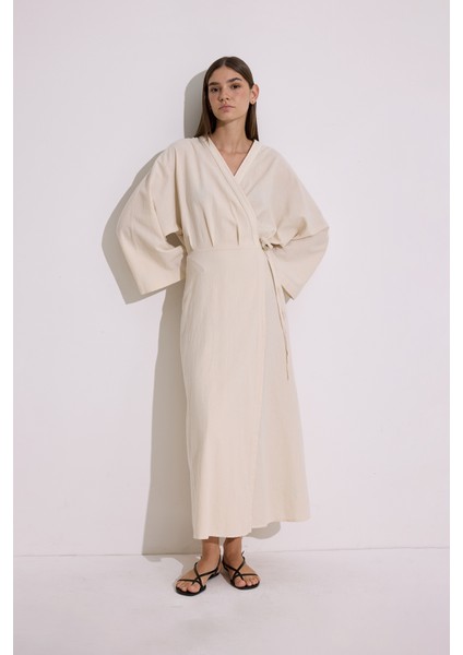 Dokulu Kruvaze Kapamalı Elbise Natural fırsatları