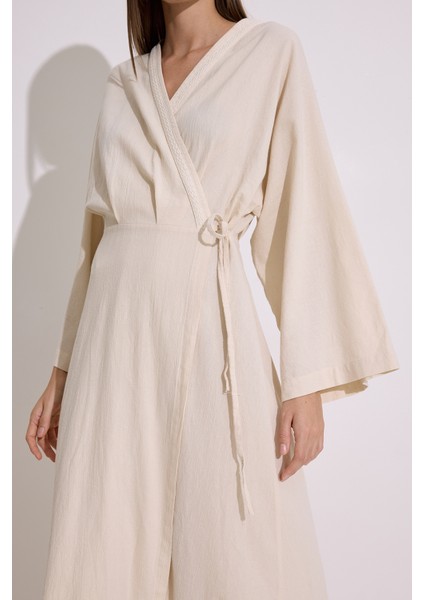 Dokulu Kruvaze Kapamalı Elbise Natural indirimleri