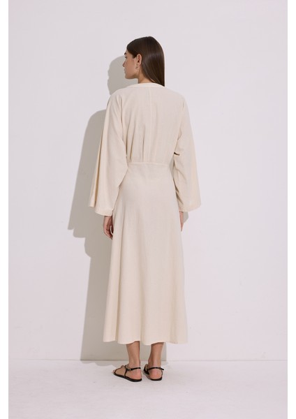 Dokulu Kruvaze Kapamalı Elbise Natural