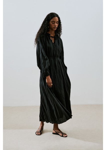 Yakası Büzgülü Keten Geniş Elbise Siyah modelleri