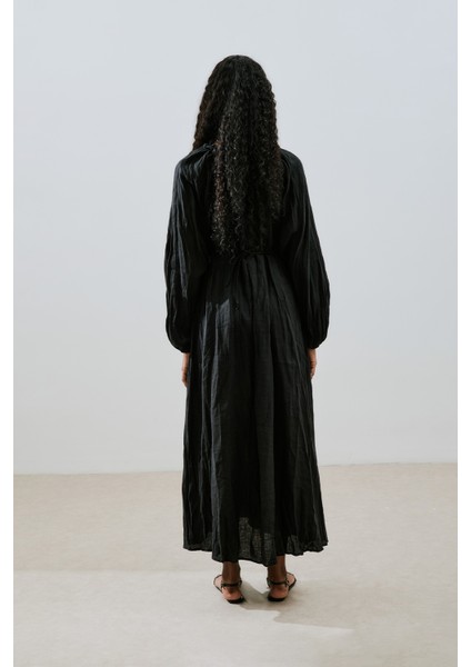 Yakası Büzgülü Keten Geniş Elbise Siyah