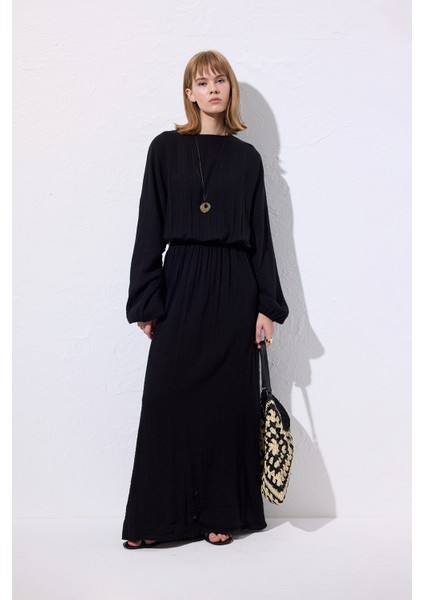 Müslin Beli Büzgülü Elbise Siyah