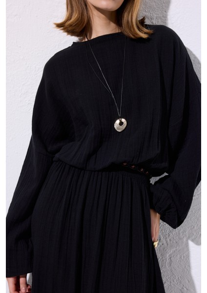 Müslin Beli Büzgülü Elbise Siyah modelleri