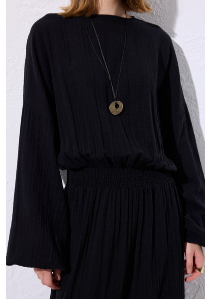 Müslin Beli Büzgülü Elbise Siyah fırsatları