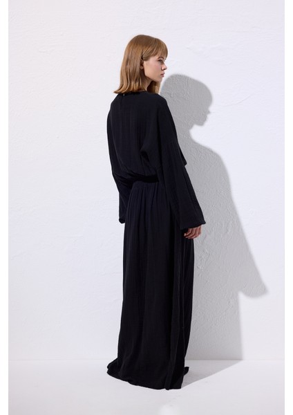 Müslin Beli Büzgülü Elbise Siyah indirimleri