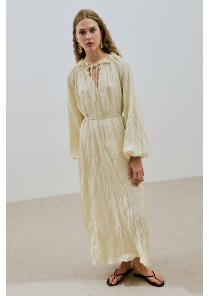 Yakası Büzgülü Keten Geniş Elbise Sarı modelleri