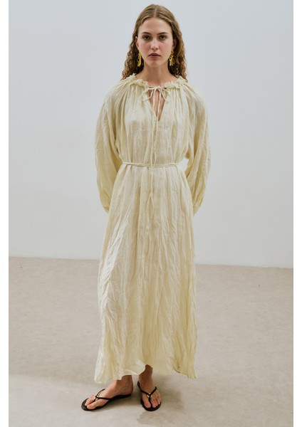 Yakası Büzgülü Keten Geniş Elbise Sarı indirimleri