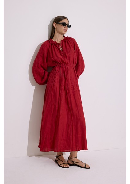 Yakası Büzgülü Keten Geniş Elbise Kırmızı
