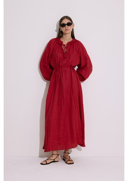 Yakası Büzgülü Keten Geniş Elbise Kırmızı fiyatları