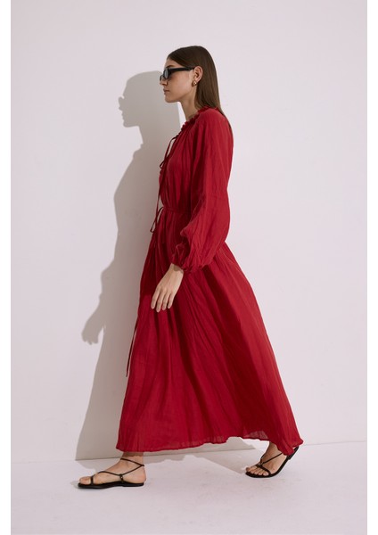 Yakası Büzgülü Keten Geniş Elbise Kırmızı indirimleri