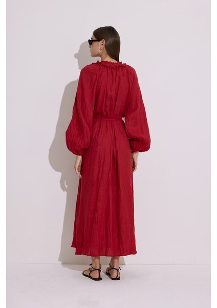 Yakası Büzgülü Keten Geniş Elbise Kırmızı