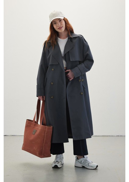 Düğmeli Kruvaze Trençkot Lacivert