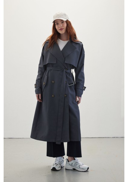 Düğmeli Kruvaze Trençkot Lacivert fiyatları