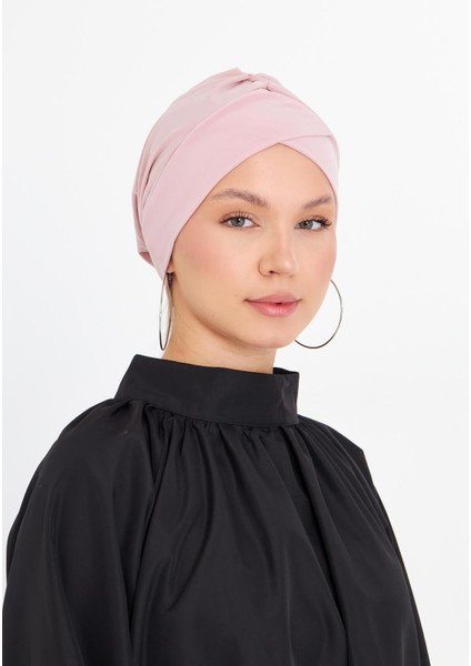 Pudra Pratik Hazır Geçmeli Tesettür Bone Sandy Kumaş Çapraz Büzgülü 1801_06