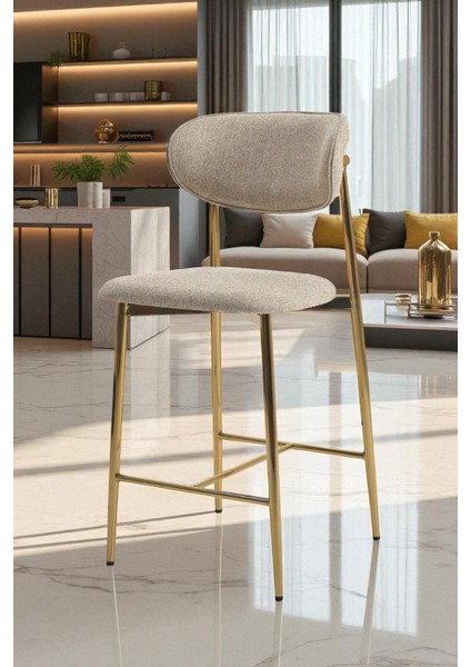 Hanev Serisi Geniş Oturma Alanlı Bar Sandalyesi – Krem Renk, Gold Metal Ayaklı