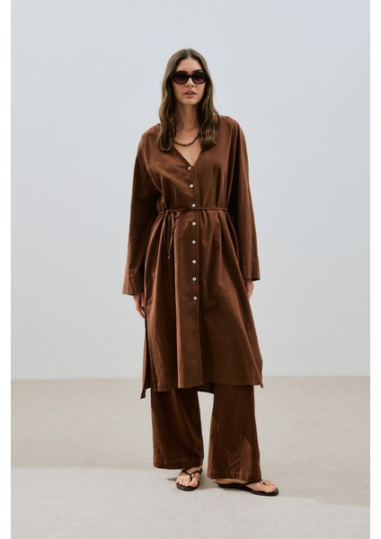 Dokulu Düğmeli Uzun Tunik Kahverengi fiyatları