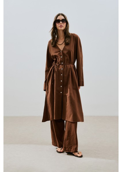 Dokulu Düğmeli Uzun Tunik Kahverengi modelleri