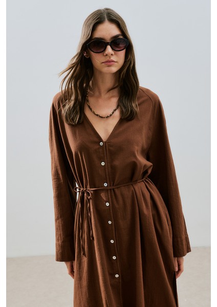 Dokulu Düğmeli Uzun Tunik Kahverengi indirimleri