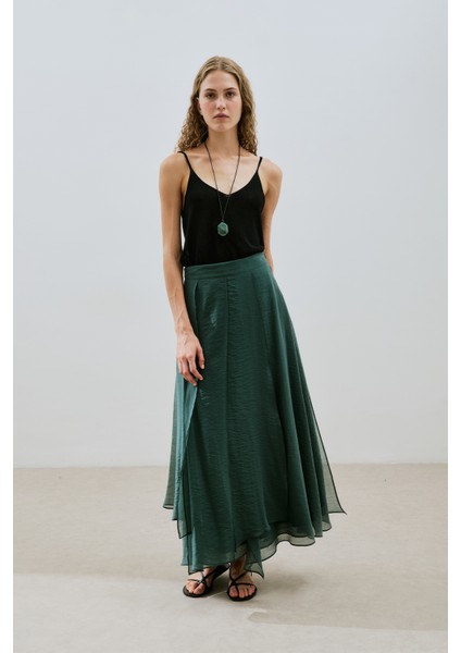 Katlı Fırfırlı Uzun Etek Yeşil