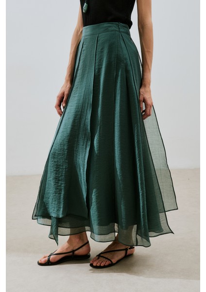 Katlı Fırfırlı Uzun Etek Yeşil modelleri