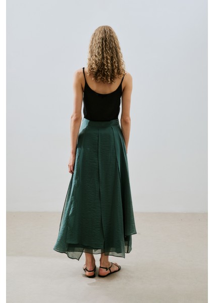 Katlı Fırfırlı Uzun Etek Yeşil