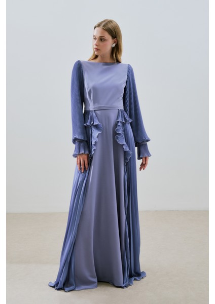 Katlı Piliseli Elbise Lila