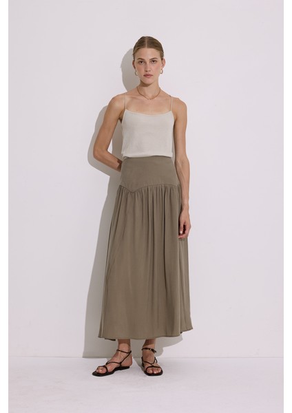 Modal Büzgülü Uzun Etek Haki