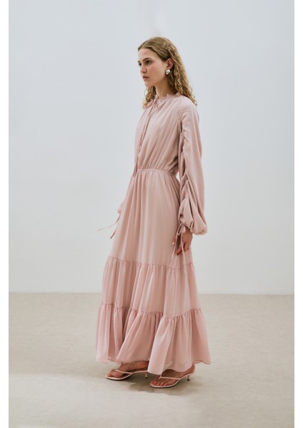 Uzun Büzgülü Şifon Elbise Pudra indirimleri