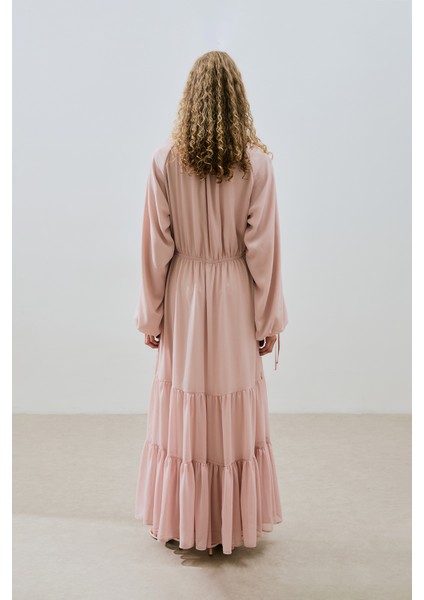 Uzun Büzgülü Şifon Elbise Pudra