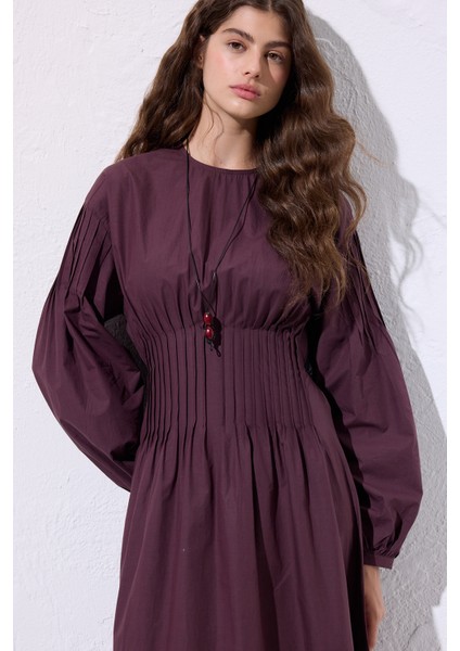 Beli Pile Detaylı Elbise Mürdüm fiyatları