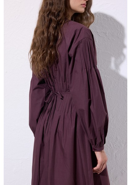 Beli Pile Detaylı Elbise Mürdüm