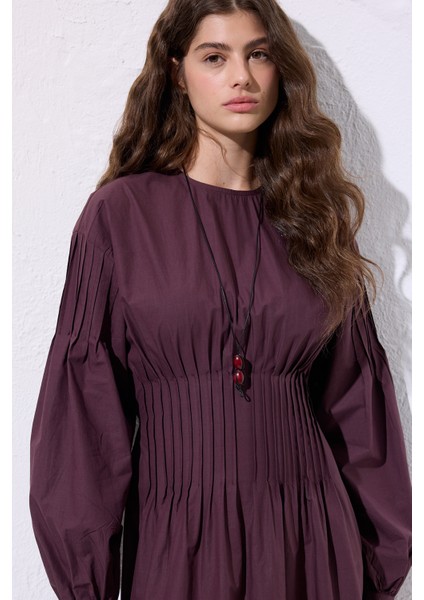 Beli Pile Detaylı Elbise Mürdüm