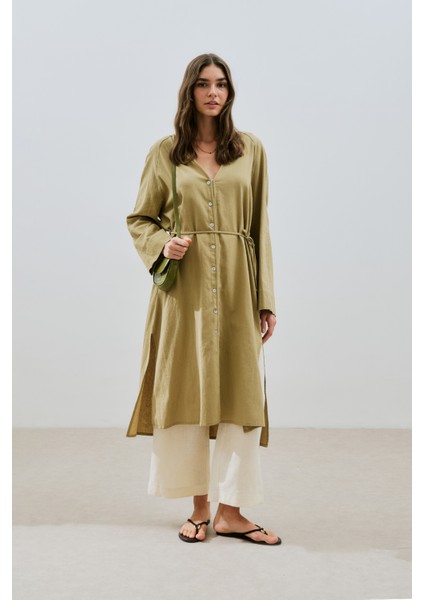 Dokulu Düğmeli Uzun Tunik Haki fiyatları