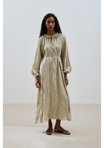 Yakası Büzgülü Keten Geniş Elbise Yeşil