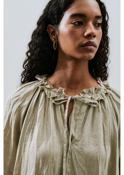 Yakası Büzgülü Keten Geniş Elbise Yeşil fiyatları