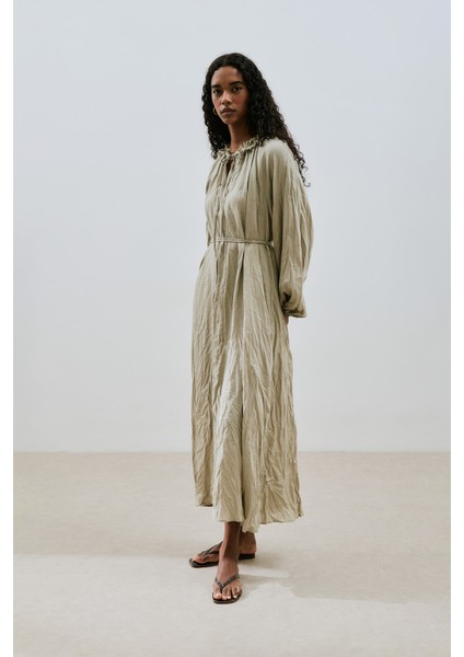 Yakası Büzgülü Keten Geniş Elbise Yeşil modelleri