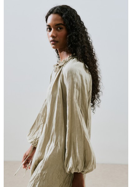 Yakası Büzgülü Keten Geniş Elbise Yeşil fırsatları