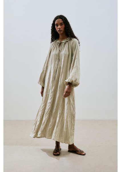 Yakası Büzgülü Keten Geniş Elbise Yeşil indirimleri