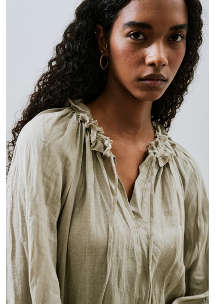 Yakası Büzgülü Keten Geniş Elbise Yeşil