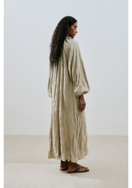 Yakası Büzgülü Keten Geniş Elbise Yeşil
