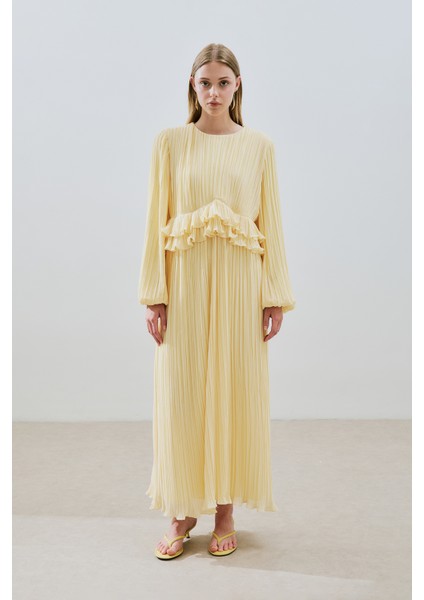 Mila Piliseli Katlı Elbise Soft Sarı