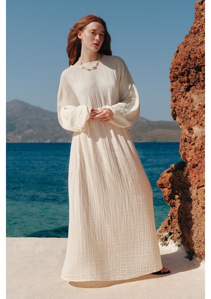 Müslin Beli Büzgülü Elbise Ekru