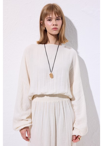 Müslin Beli Büzgülü Elbise Ekru fırsatları