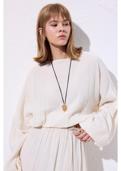 Müslin Beli Büzgülü Elbise Ekru